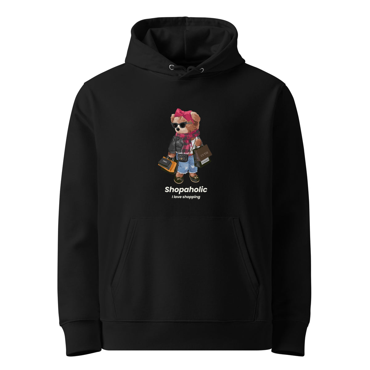 Black organic cotton hoodie with Shopaholic Teddy Bear I Love Shopping design
