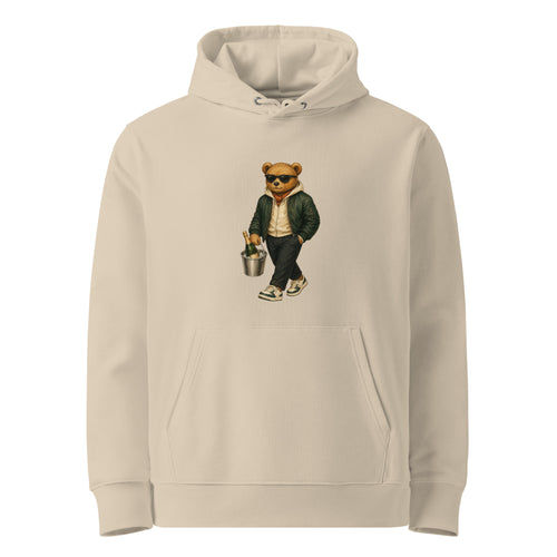 Desert Dust organic cotton hoodie with Champagne Weekend Bear design