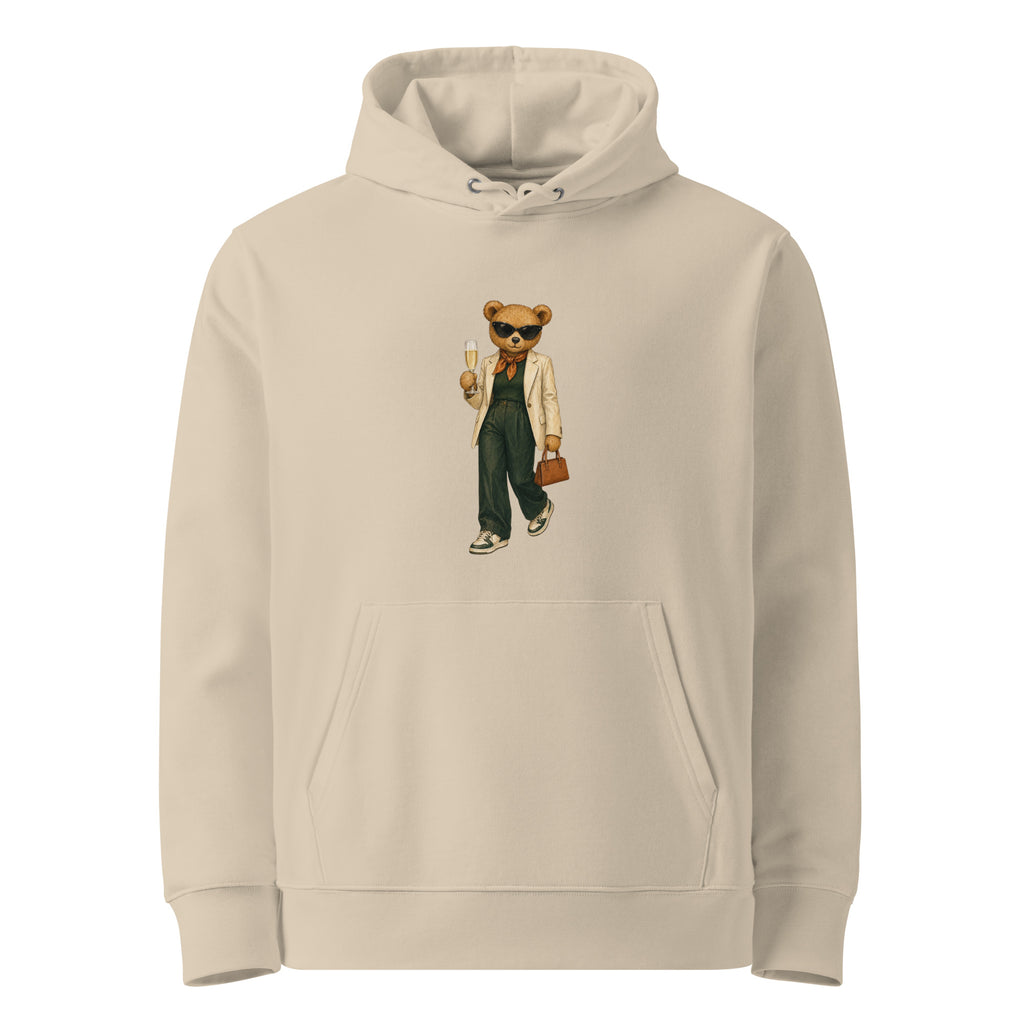 Desert Dust organic cotton hoodie with Prosecco Mood Bear design