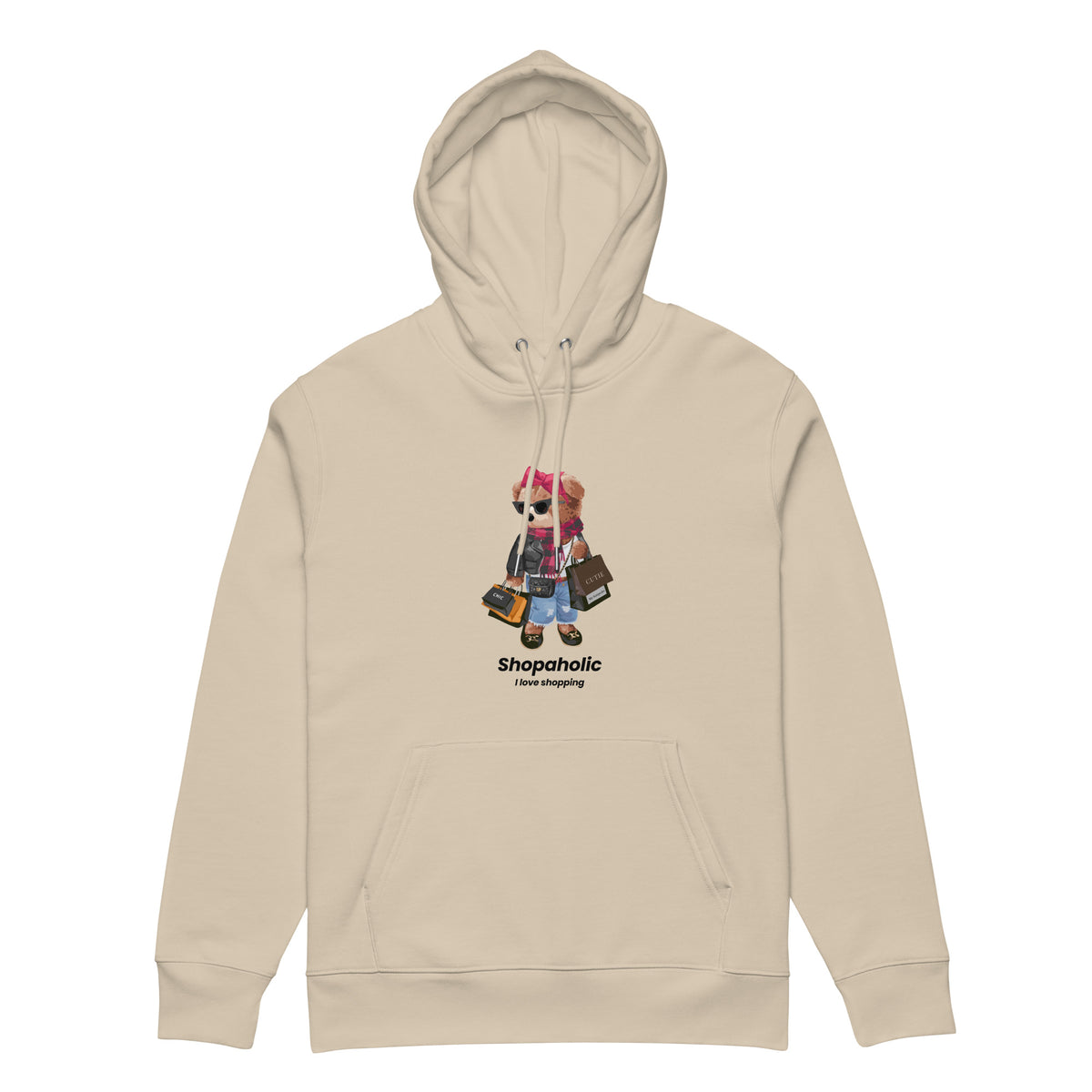 Desert Dust Shopaholic Teddy Bear organic cotton hoodie front view