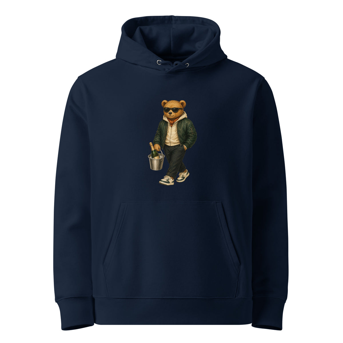 French navy organic cotton hoodie with Champagne Weekend Bear design