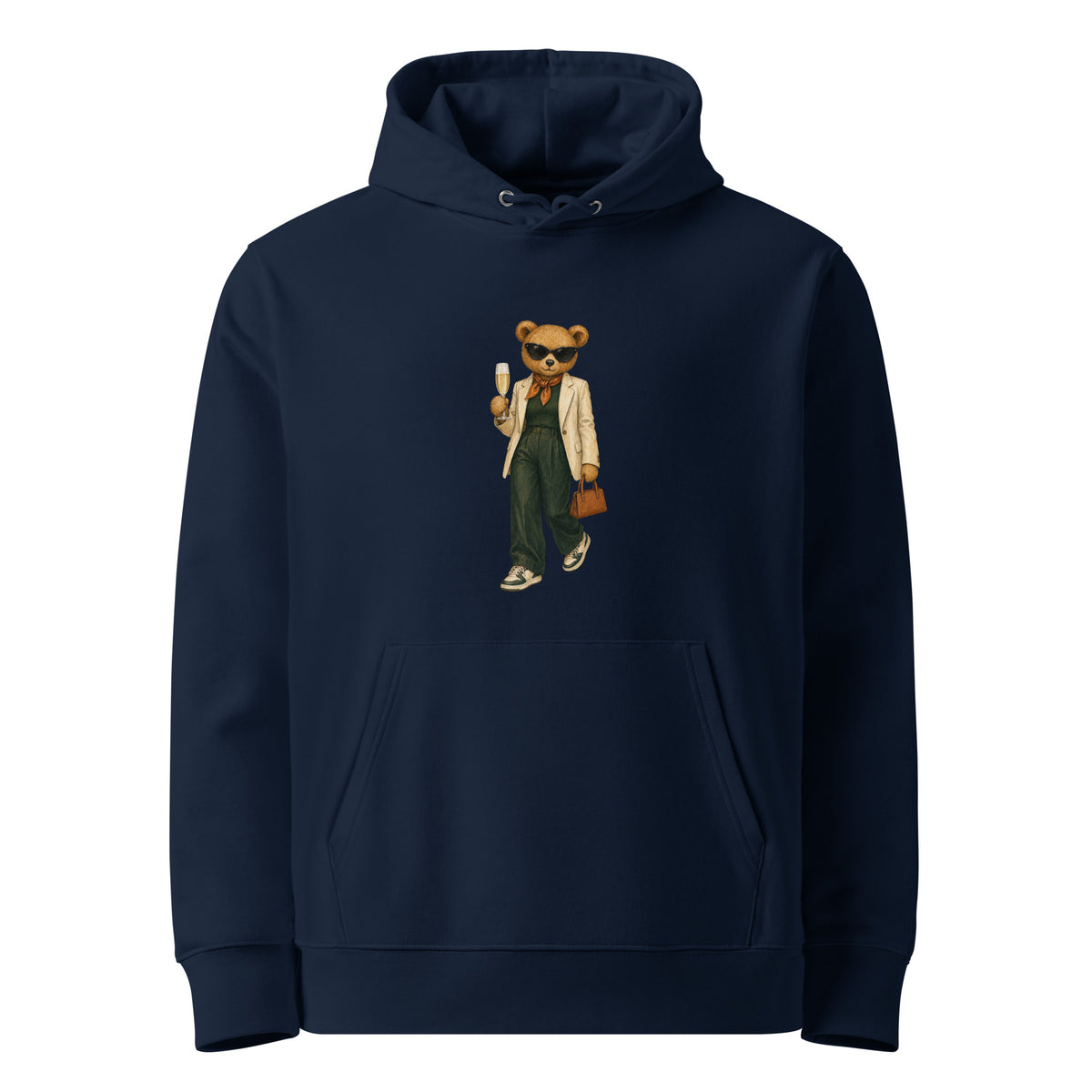French navy organic cotton hoodie with Prosecco Mood Bear design