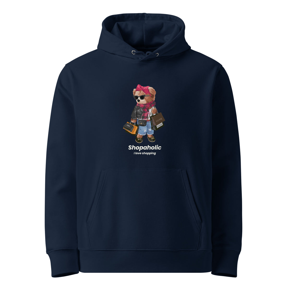 French navy organic cotton hoodie with Shopaholic Teddy Bear I Love Shopping design