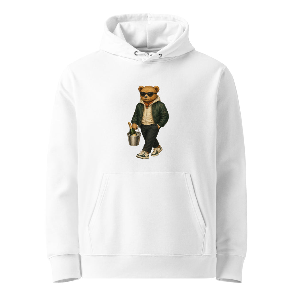 White organic cotton hoodie with Champagne Weekend Bear design