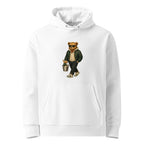 White organic cotton hoodie with Champagne Weekend Bear design