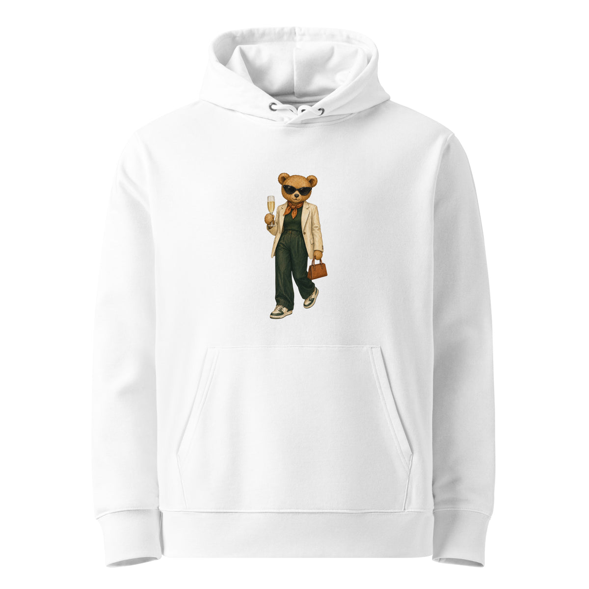 White organic cotton hoodie featuring the Prosecco Mood Bear holding a glass of bubbly