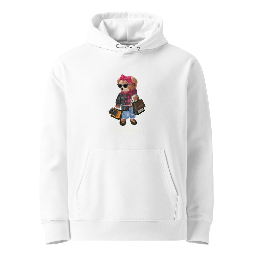 White organic cotton hoodie with Shopaholic Teddy Bear I Love Shopping design