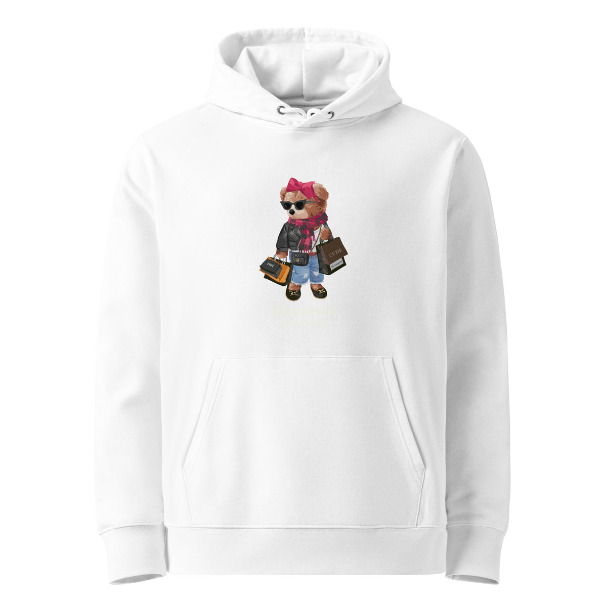 White organic cotton hoodie with Shopaholic Teddy Bear I Love Shopping design
