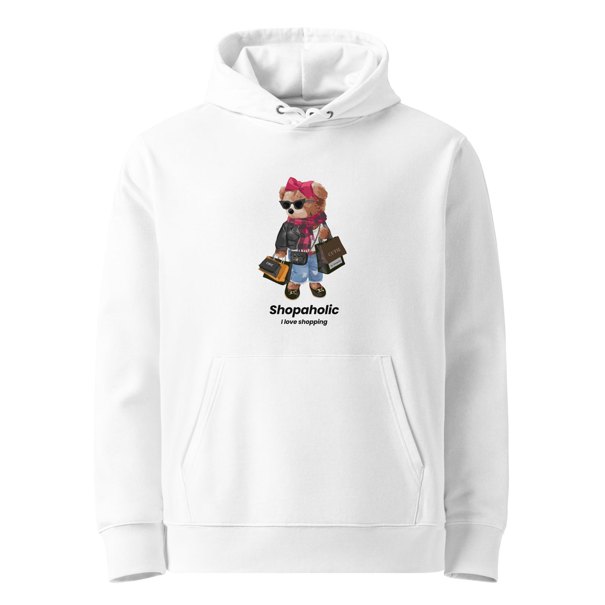 White Shopaholic Teddy Bear organic cotton hoodie with I Love Shopping artwork