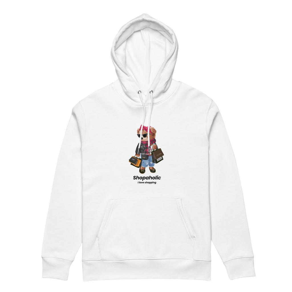 White Shopaholic Teddy Bear organic cotton hoodie front view