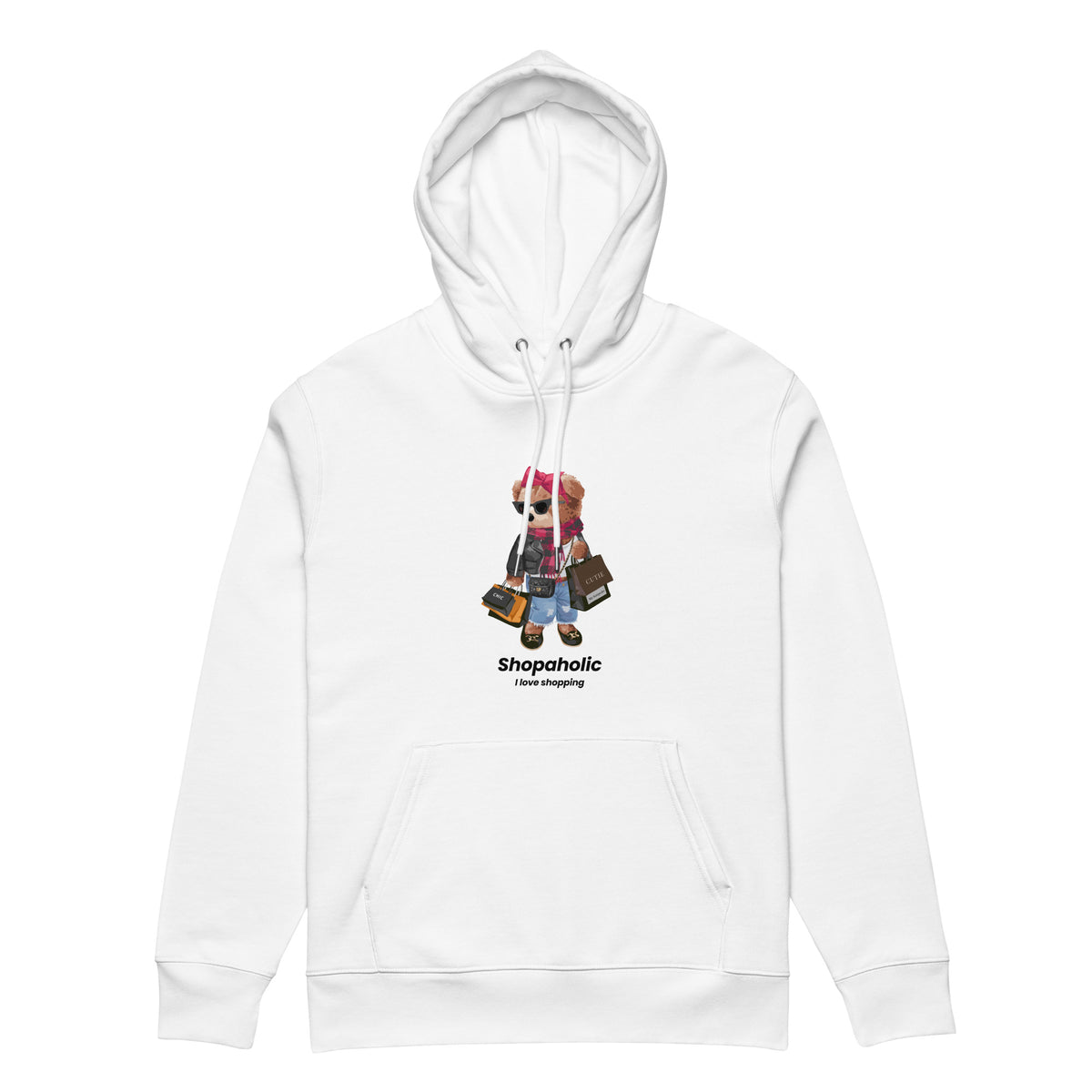 White Shopaholic Teddy Bear organic cotton hoodie front view