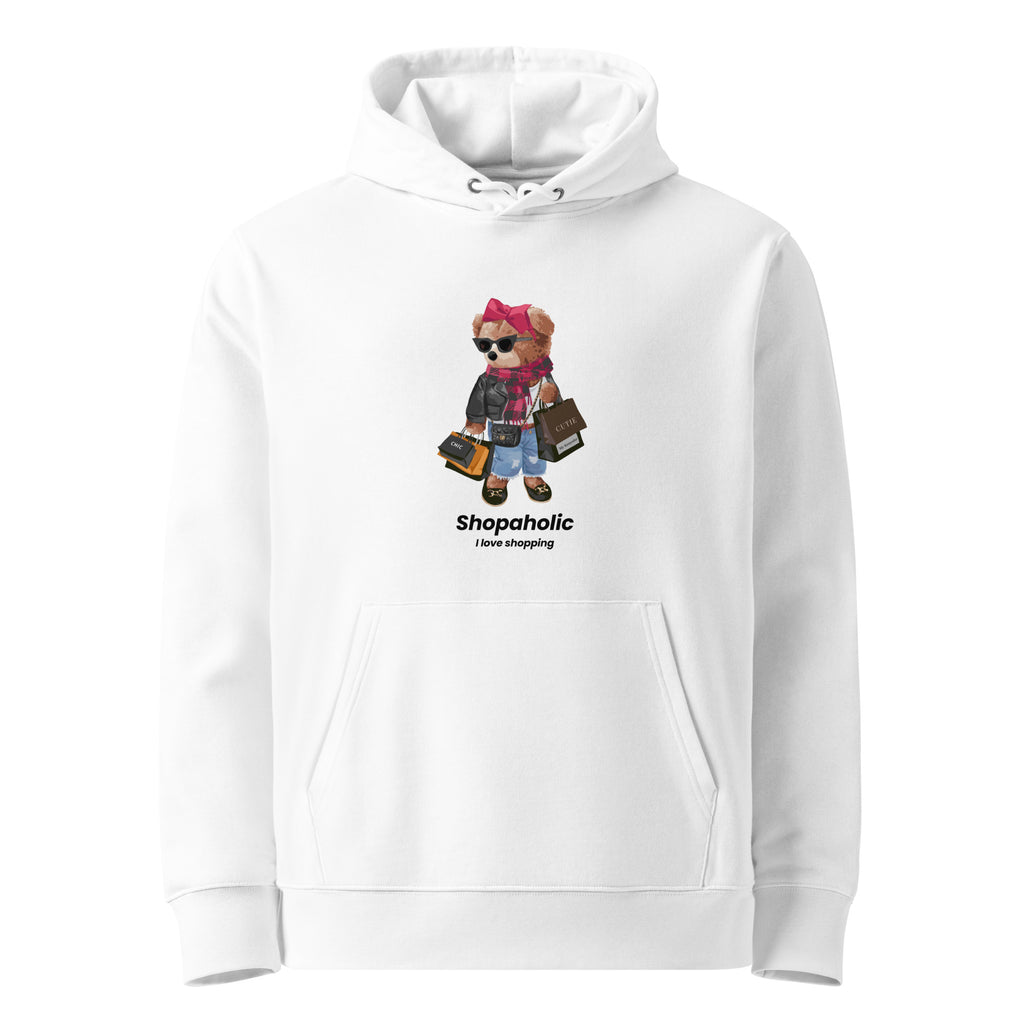 White Shopaholic Teddy Bear hoodie with original My Keepsake design