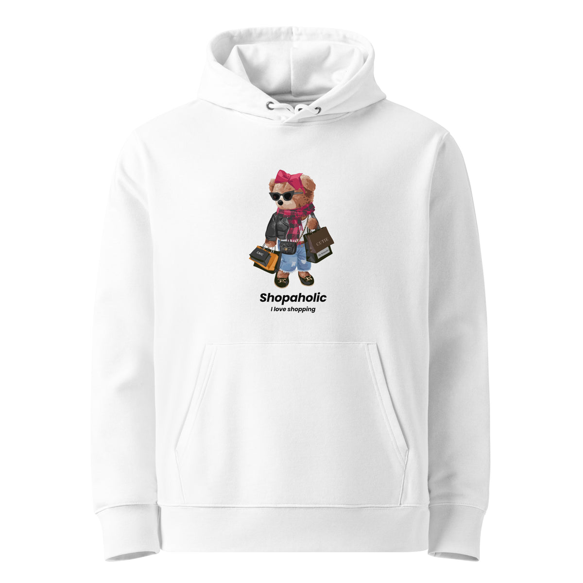 White Shopaholic Teddy Bear hoodie with original My Keepsake design
