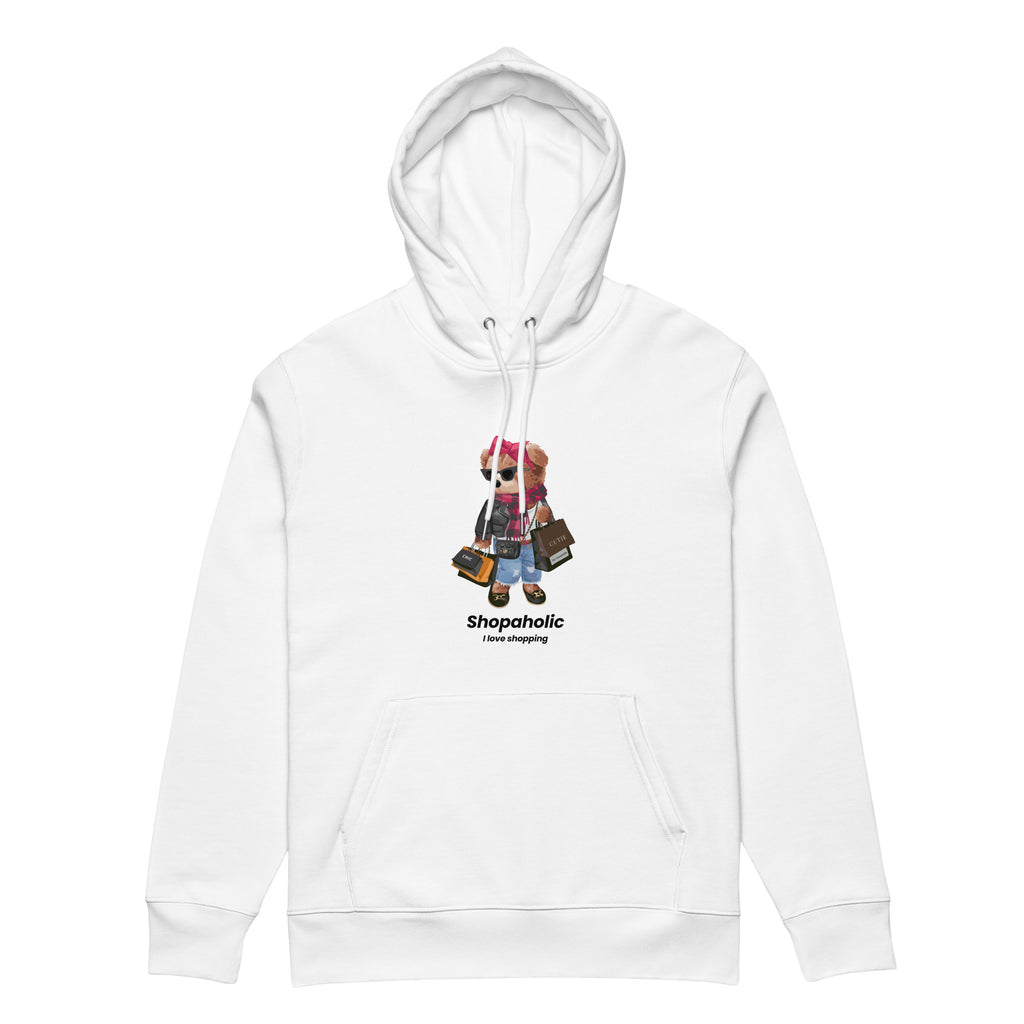 White organic cotton Shopaholic Teddy Bear hoodie by My Keepsake
