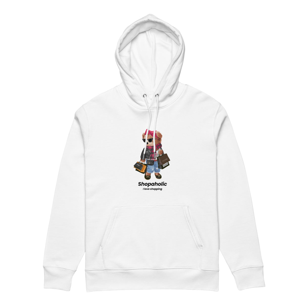 White organic cotton Shopaholic Teddy Bear hoodie by My Keepsake