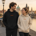Couple wearing embroidered organic cotton WEEKEND hoodies