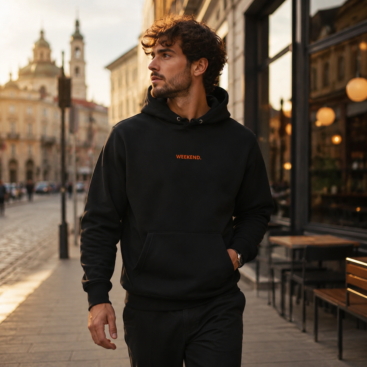 Man wearing a black organic cotton WEEKEND embroidered hoodie