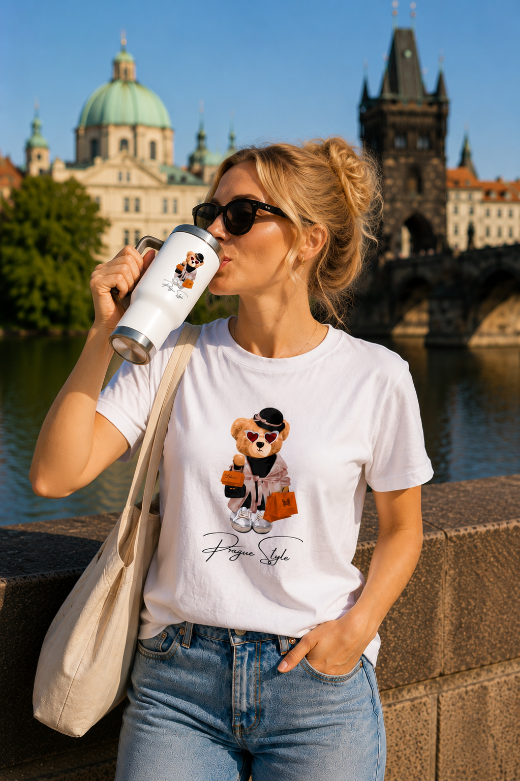 Woman drinking from Prague Style Bear travel mug while wearing a matching T-shirt in Prague.